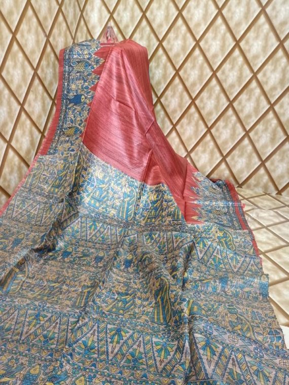 Brick Red Tussar Giccha Madhubani Print Saree