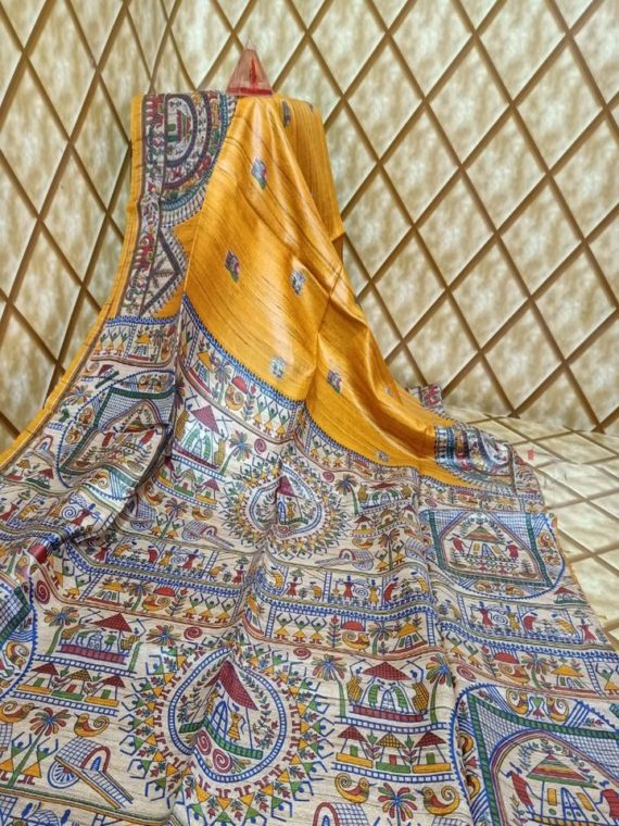 Bright Mustard Yellow Tussar Giccha Madhubani Print Saree