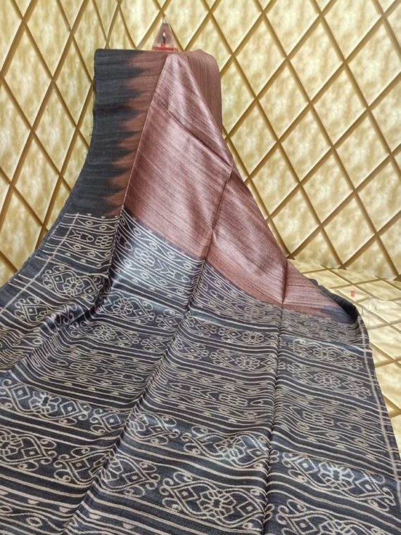 Brown Black Temple Border Tussar Giccha Madhubani Print Saree