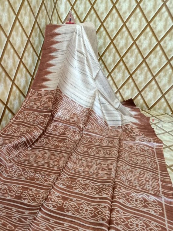 Brown Temple border Tussar Giccha Madhubani Print Saree