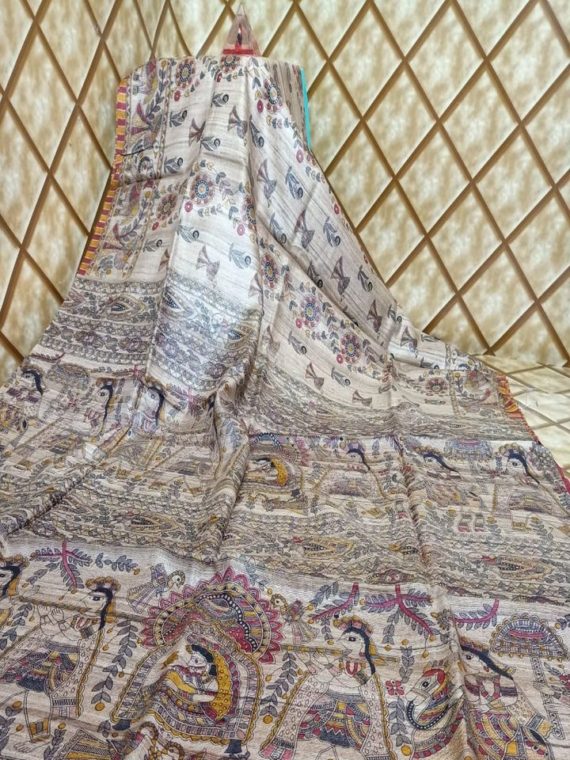 Classy Natural Off White Tussar Giccha Madhubani Print Saree