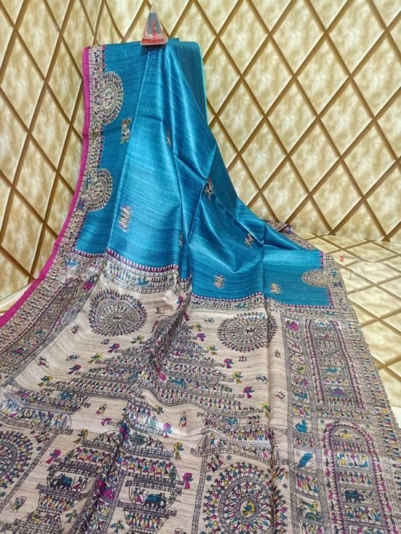 Captivating Blue Tussar Giccha Madhubani Print Saree