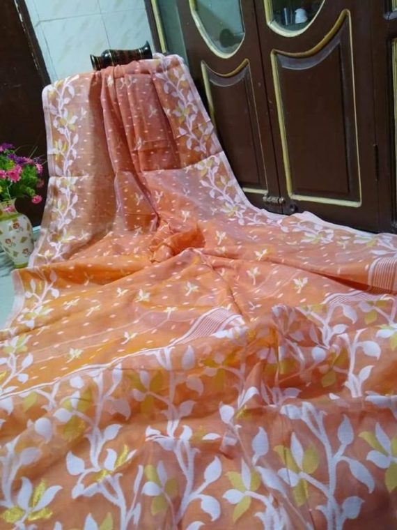 Charming Peach Soft Dhakai Jamdani Saree