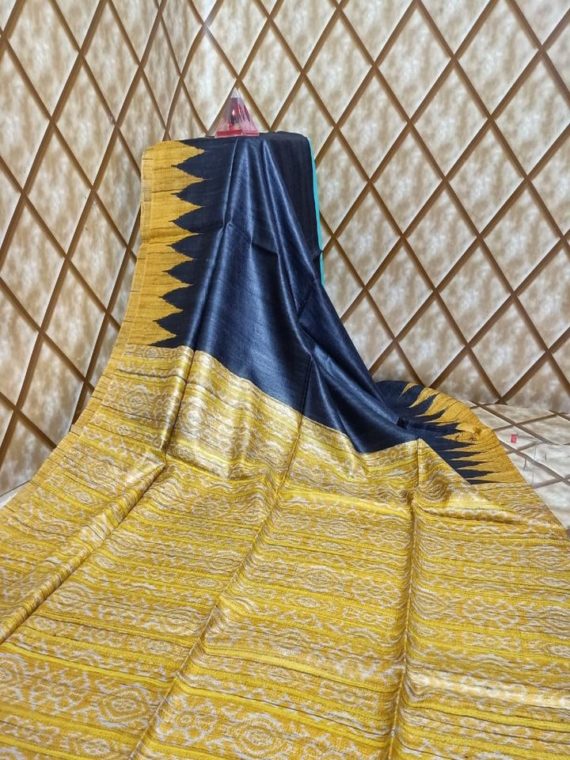 Dark Blue Yellow Temple border Tussar Giccha Madhubani Print Saree