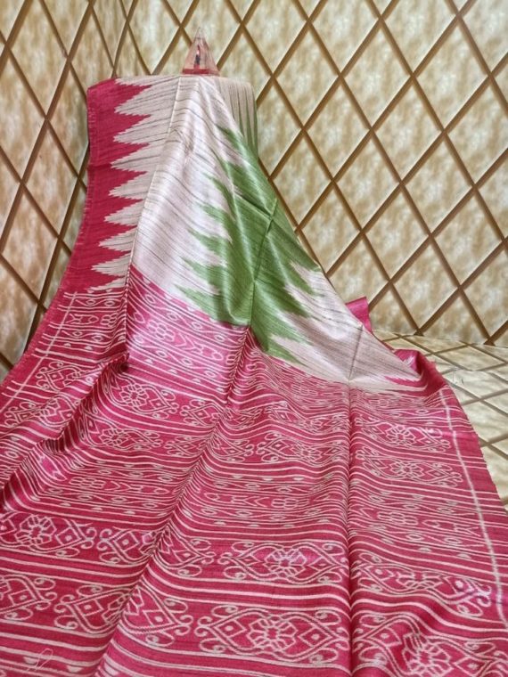 Dark Pink Green Temple border Tussar Giccha Madhubani Print Saree