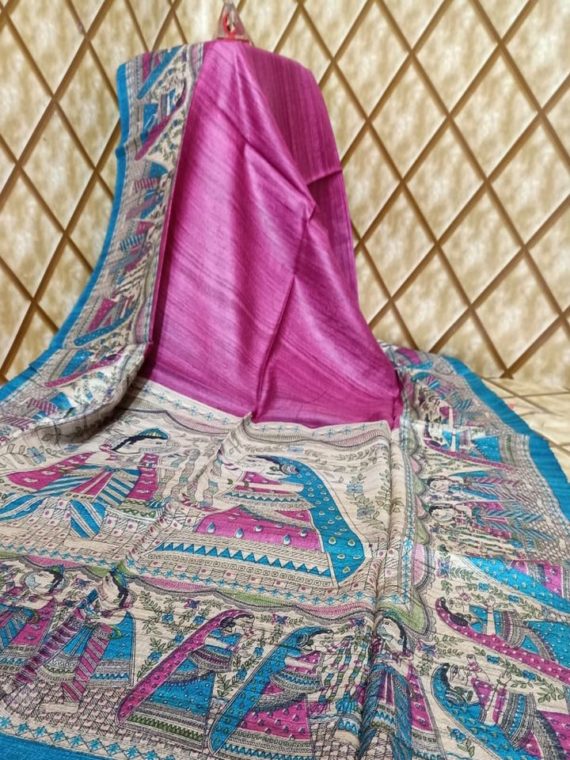 Dark Pink Sky Blue Tussar Giccha Madhubani Print Saree