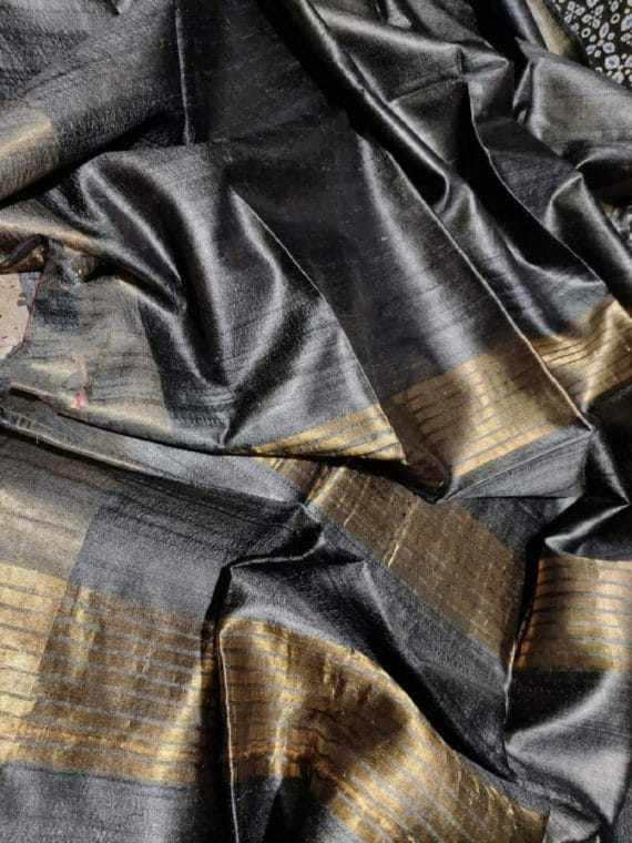 Dazzling Dark Grey Pure Desi Bhagalpuri Tussar Silk Saree