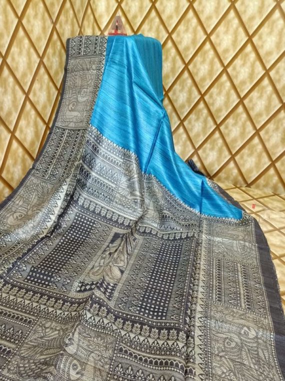 Divine Blue And Black Tussar Giccha Madhubani Print Saree