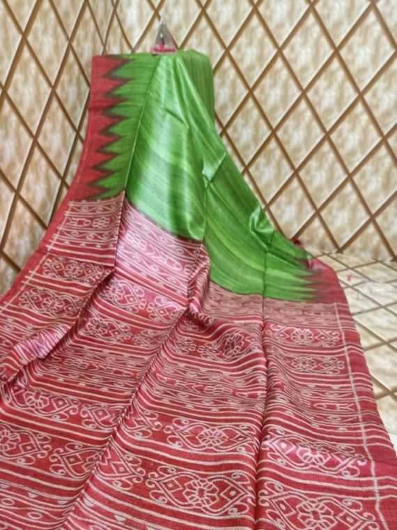 Green Red Temple border Tussar Giccha Madhubani Print Saree