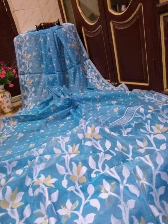 Heavenly Enchanting Blue Soft Dhakai Jamdani Saree