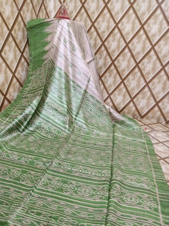 Light Green Temple Border Tussar Giccha Madhubani Print Saree