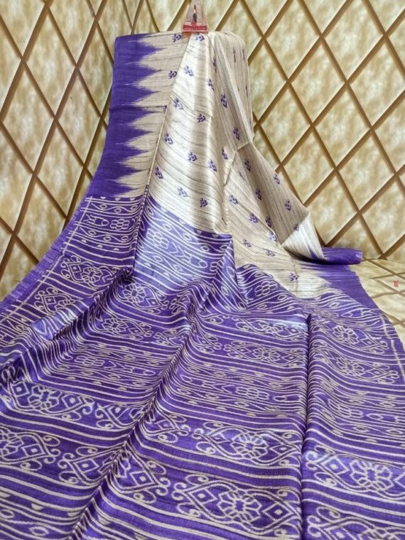 Light Violet Temple border Tussar Giccha Madhubani Print Saree