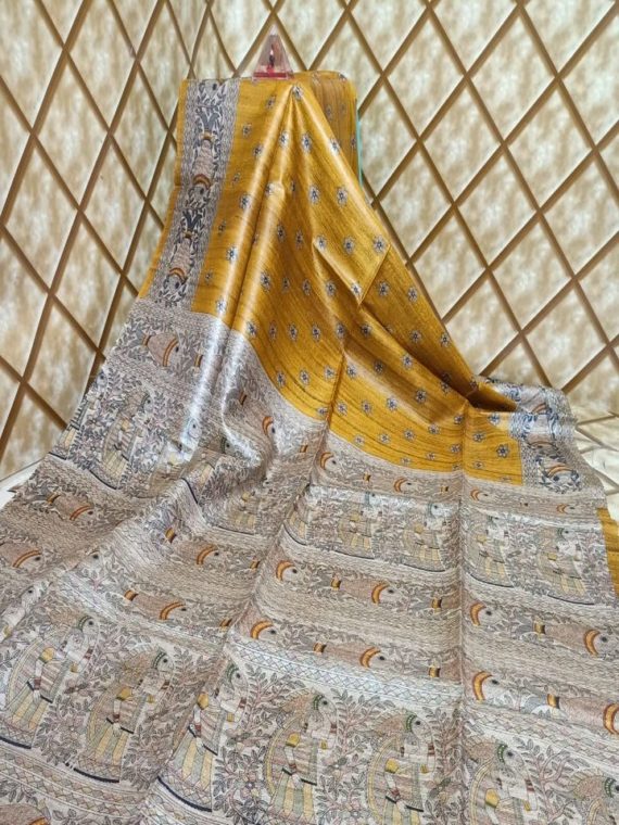 Mustard Yellow Tussar Giccha Madhubani Print Saree