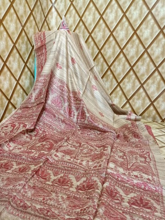 Natural White And Red Tussar Giccha Madhubani Print Saree