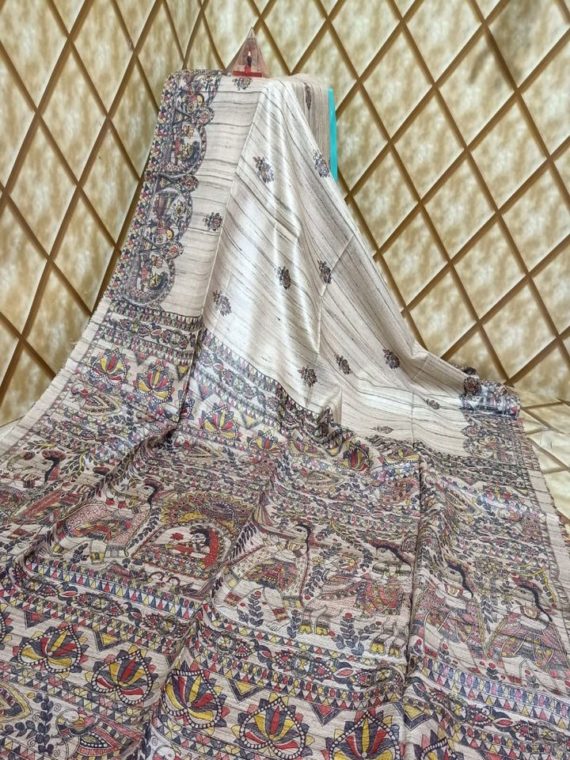 Natural White Tussar Giccha Madhubani Print Saree