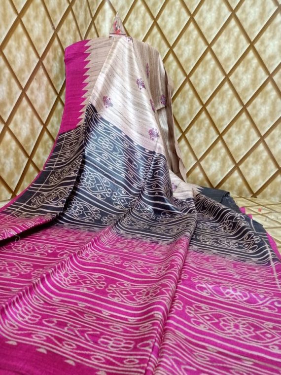 Off White Pink Temple border Tussar Giccha Madhubani Print Saree