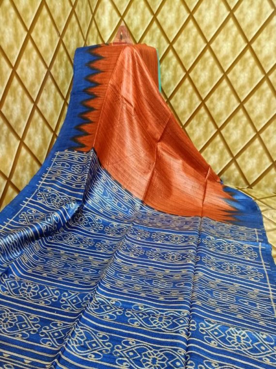 Orange Blue Fusion Temple border Tussar Giccha Madhubani Print Saree