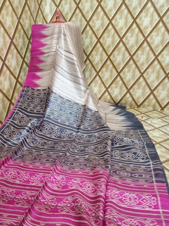 Pink Black Fusion Temple border Tussar Giccha Madhubani Print Saree