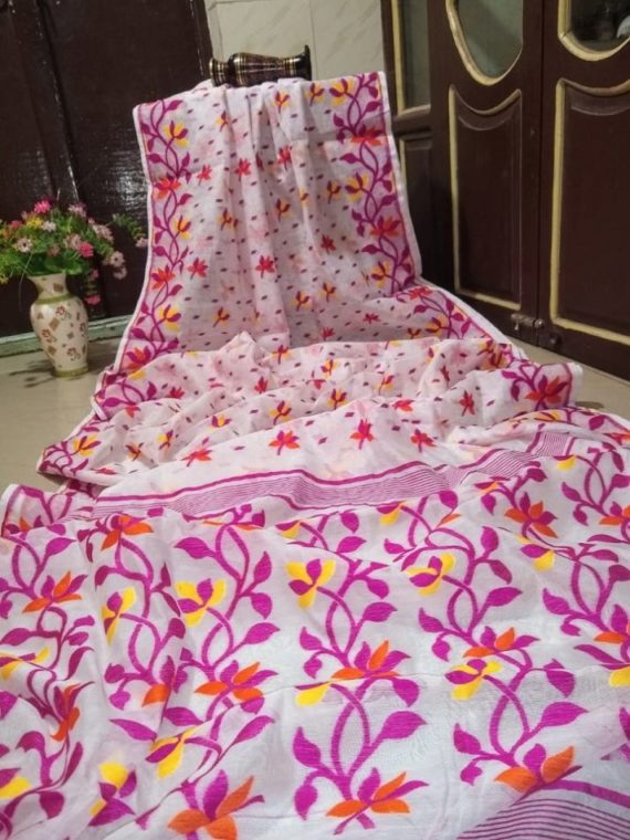 Pleasing White with Pink Floral Design Soft Dhakai Jamdani Saree