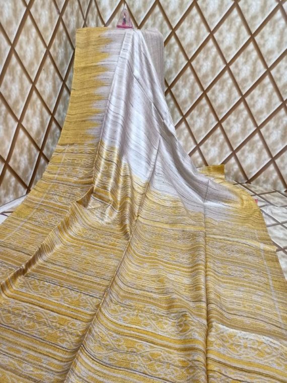 Pleasing Yellow Temple border Tussar Giccha Madhubani Print Saree