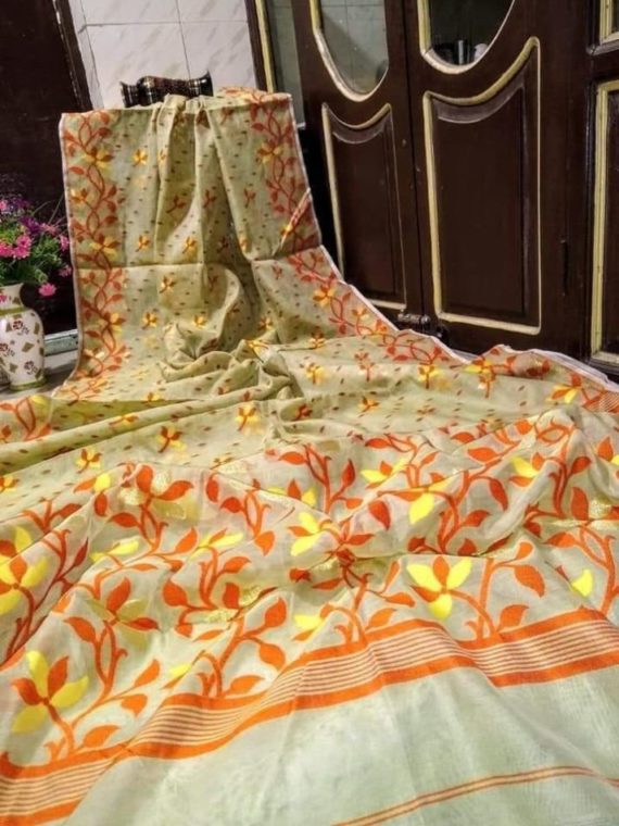 Pretty OffWhite Cream with Orange Floral Design Soft Dhakai Jamdani Saree