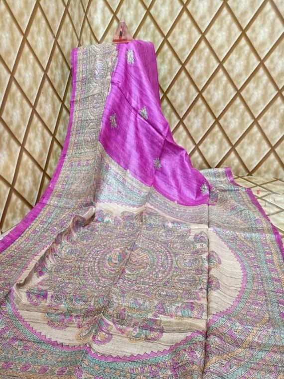 Pretty Purple Tussar Giccha Madhubani Print Saree