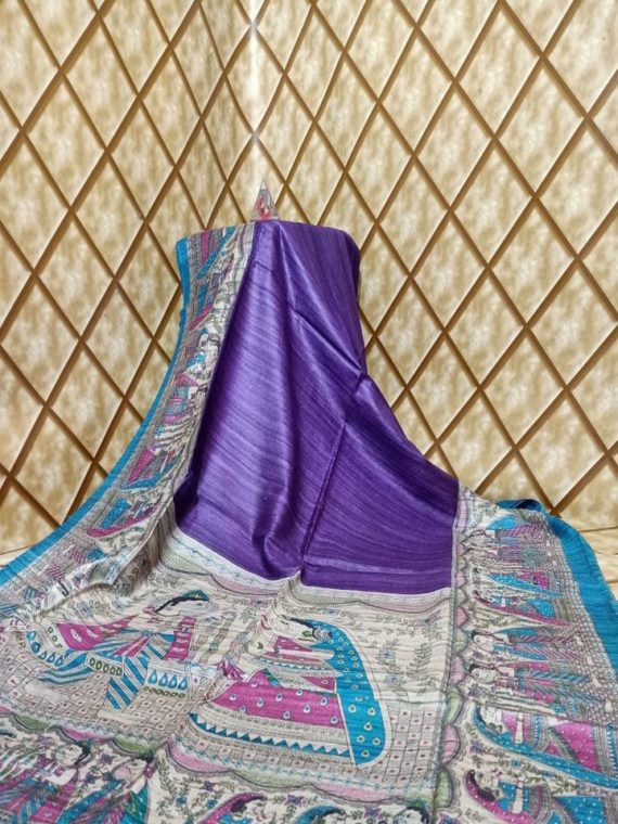 Purple Blue Fusion Tussar Giccha Madhubani Print Saree