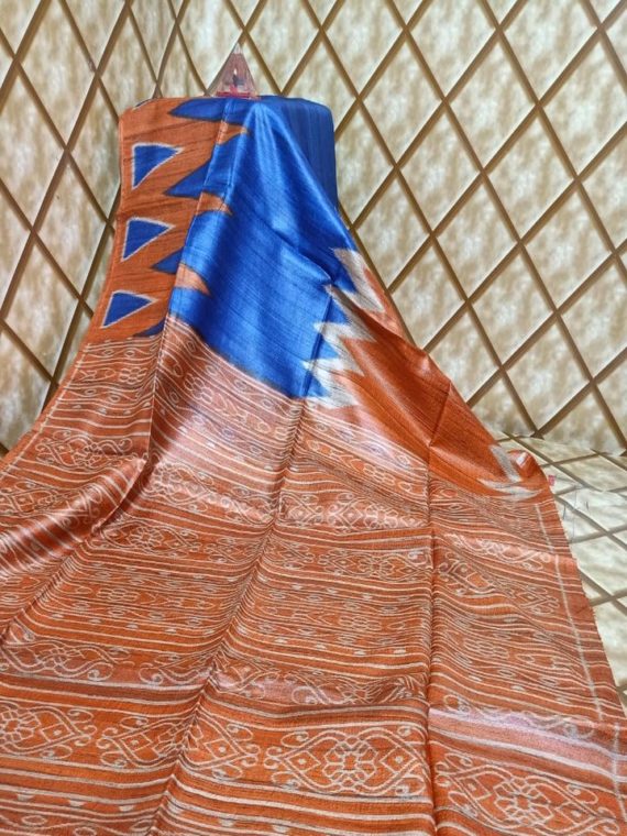 Royal Blue Orange Temple border Tussar Giccha Madhubani Print Saree