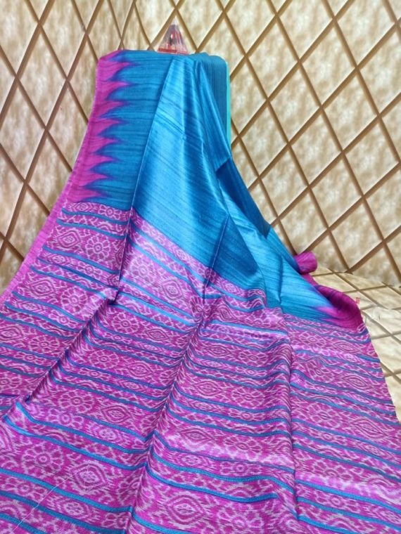 Sky Blue Pink Temple Border Tussar Giccha Madhubani Print Saree