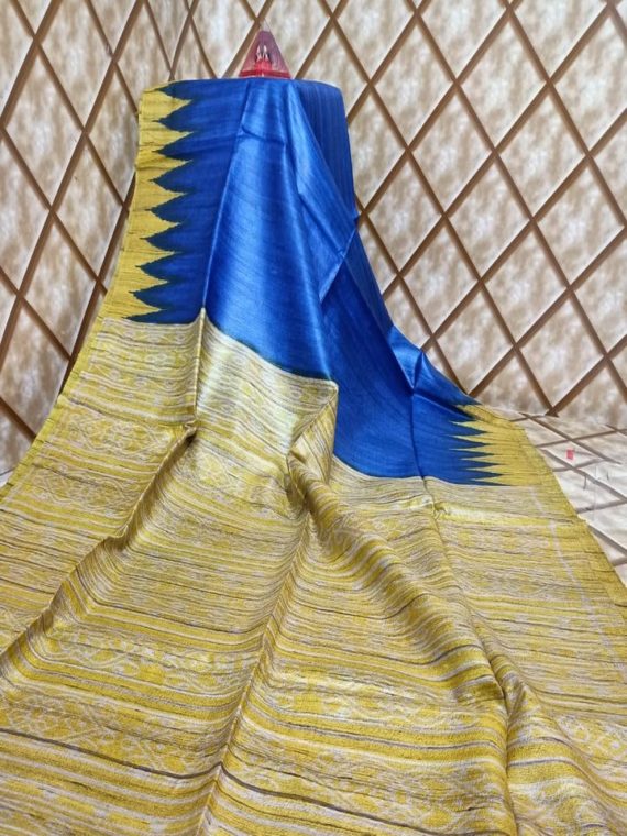 Stunning Blue Yellow Temple border Tussar Giccha Madhubani Print Saree