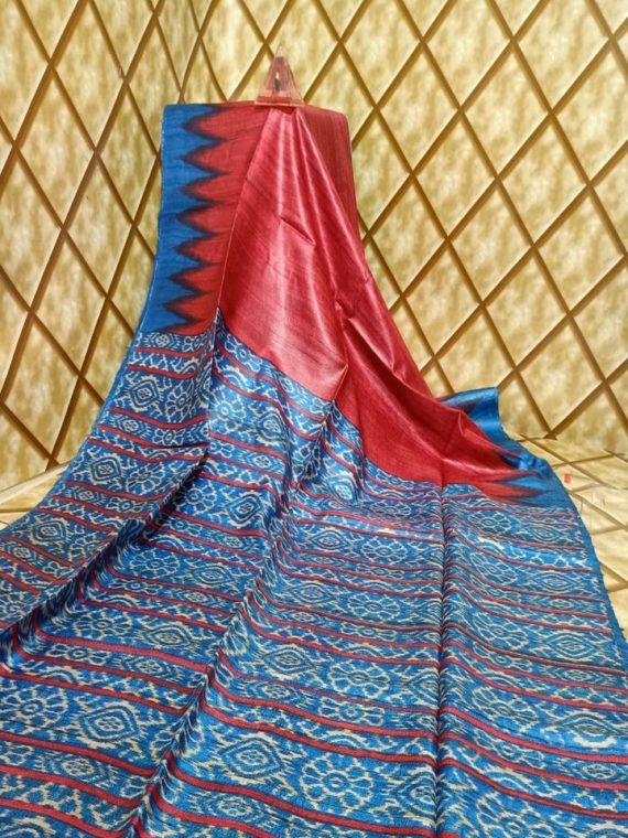 Stunning Red Blue Temple border Tussar Giccha Madhubani Print Saree