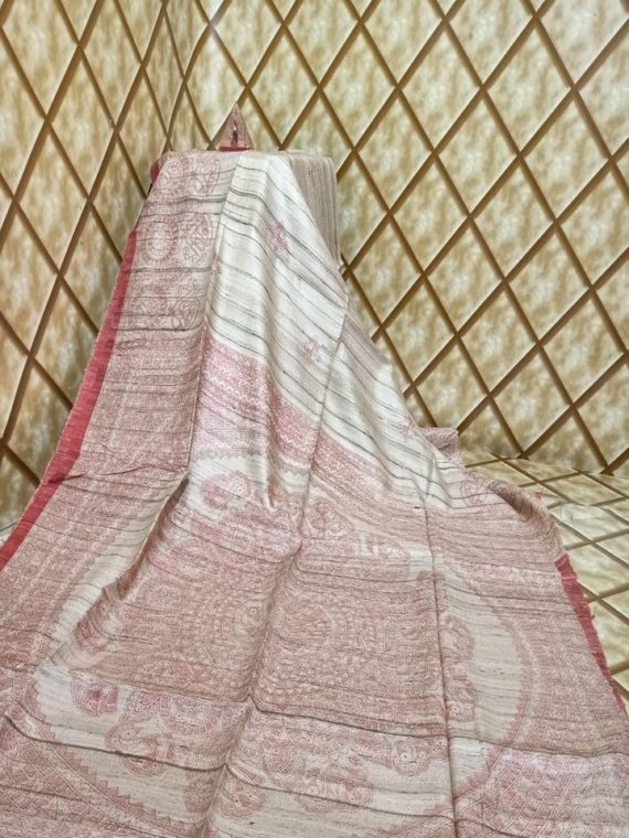 Subtle Red Tussar Giccha Madhubani Print Saree