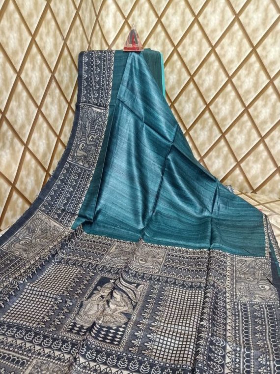 Teal Blue And Black Tussar Giccha Madhubani Print Saree