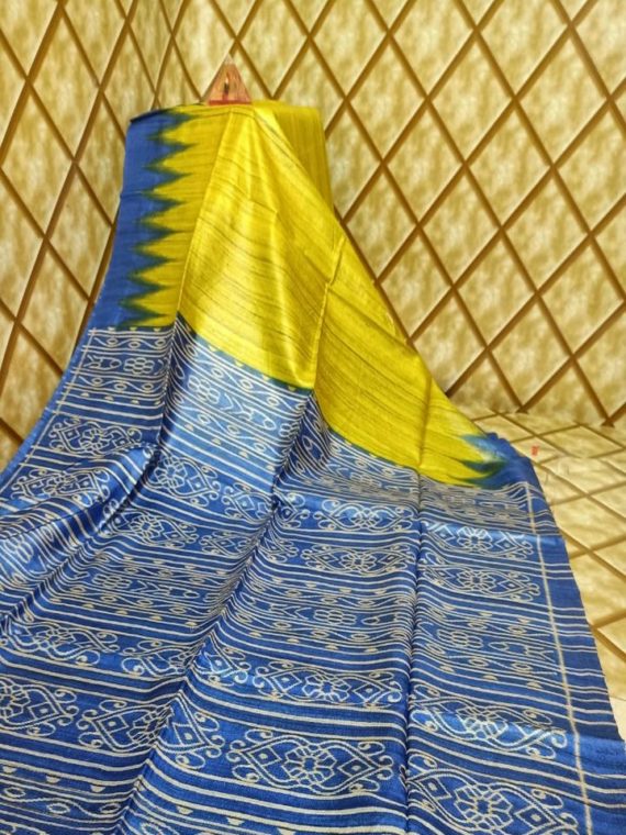 Yellow Blue Fusion Temple border Tussar Giccha Madhubani Print Saree