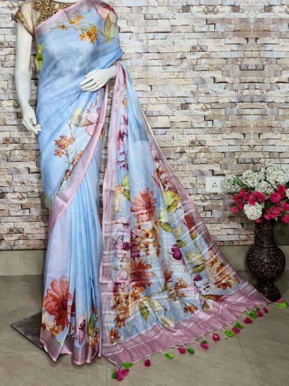 Alluring Sky Blue Floral Design Digital Print Linen Saree