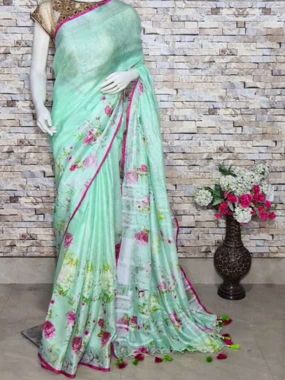 Beautiful Sea Green Floral Design Digital Print Linen Saree