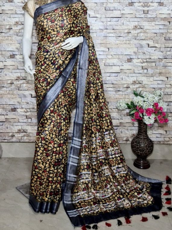 Black Floral Design Digital Print Linen Saree