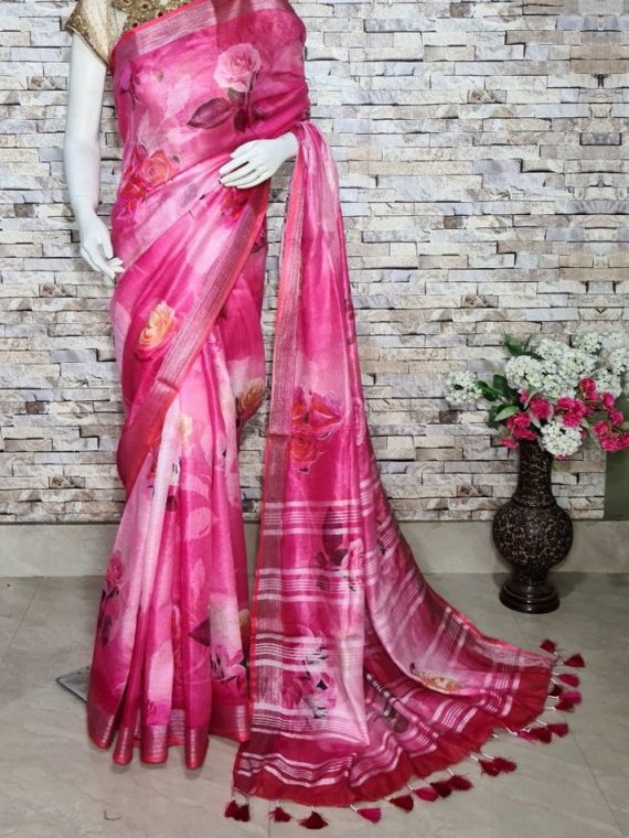 Dark Pink Floral Design Digital Print Linen Saree