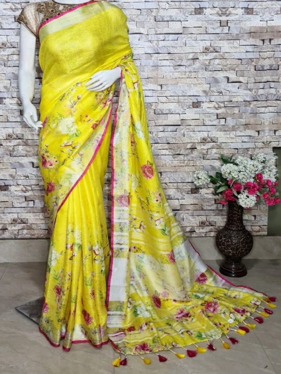 Lemon Yellow Floral Design Digital Print Linen Saree