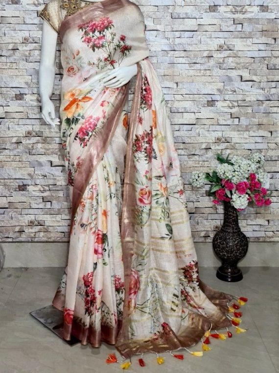 Light Brown Floral Design Digital Print Linen Saree