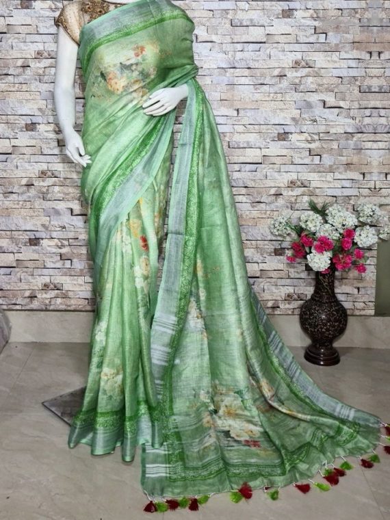 Light Green Floral Design Digital Print Linen Saree