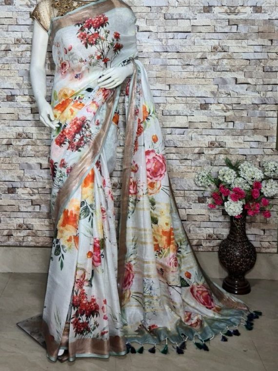 Light Grey Floral Design Digital Print Linen Saree