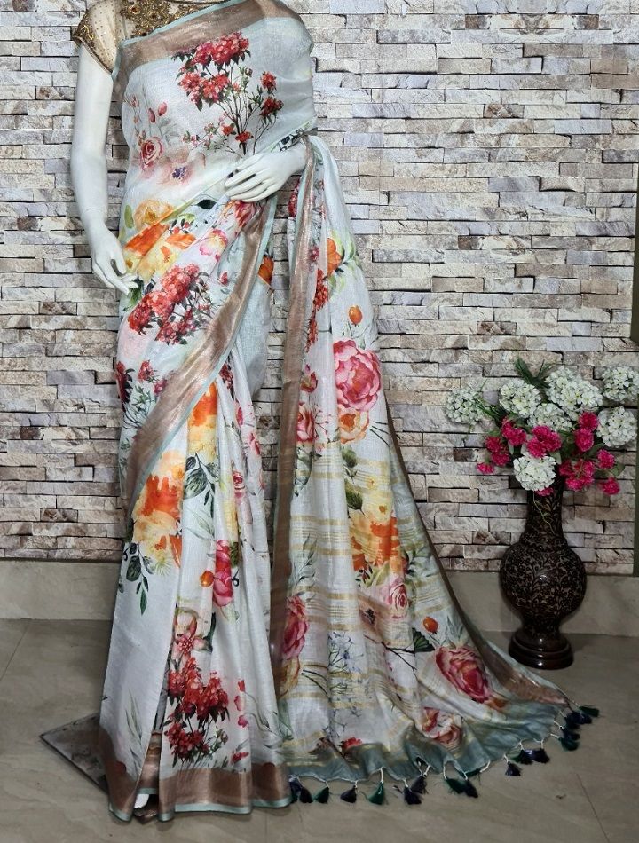Light Grey Floral Design Digital Print Linen Saree Loomfolks
