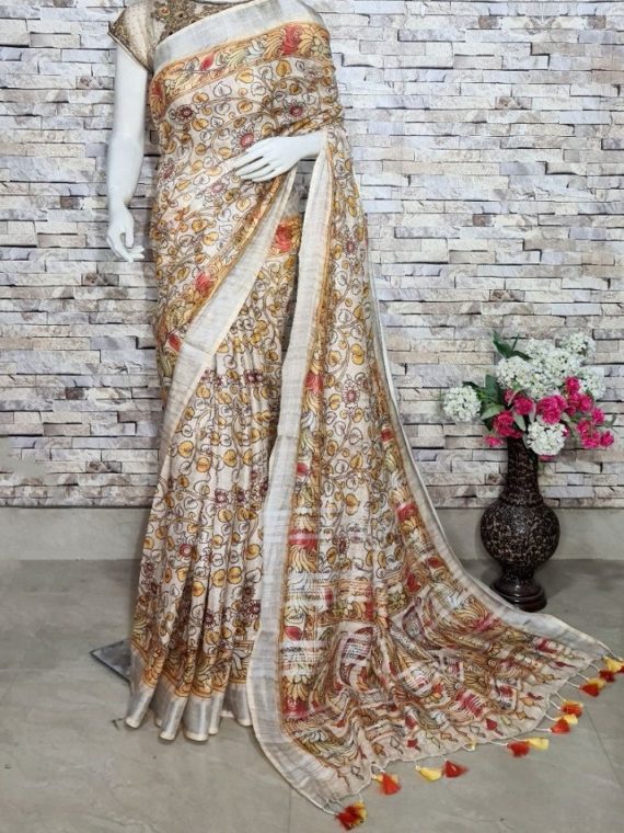 Light Peach Floral Design Digital Print Linen Saree