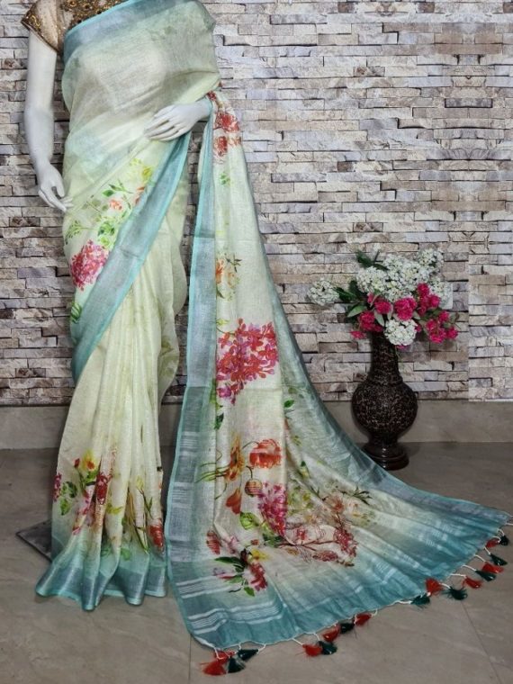 Light Yellow Floral Design Digital Print Linen Saree