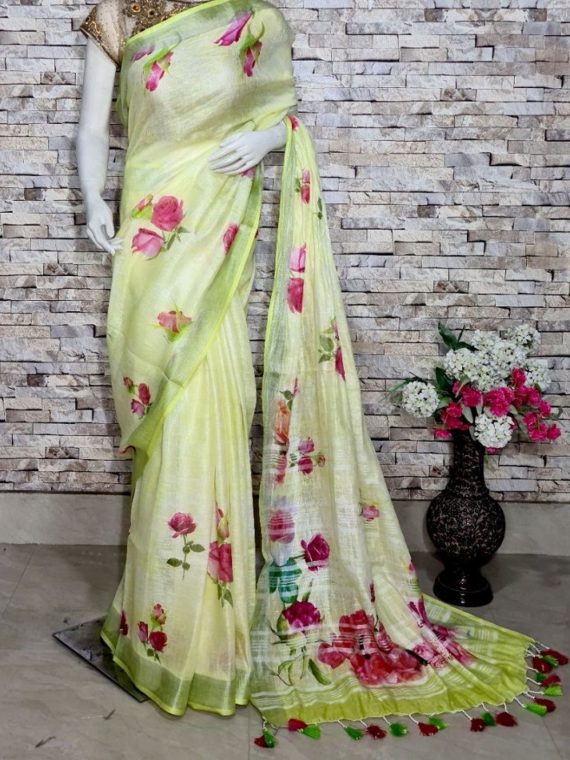 Light Yellow Rose Design Digital Print Linen Saree