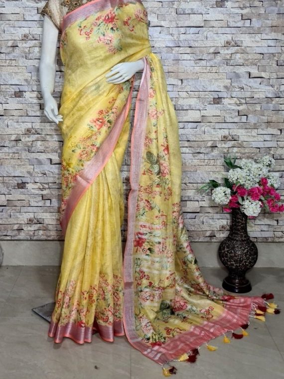 Mango Yellow Floral Design Digital Print Linen Saree