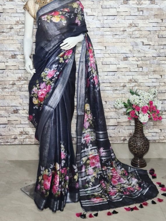 Mesmerizing Black Floral Design Digital Print Linen Saree