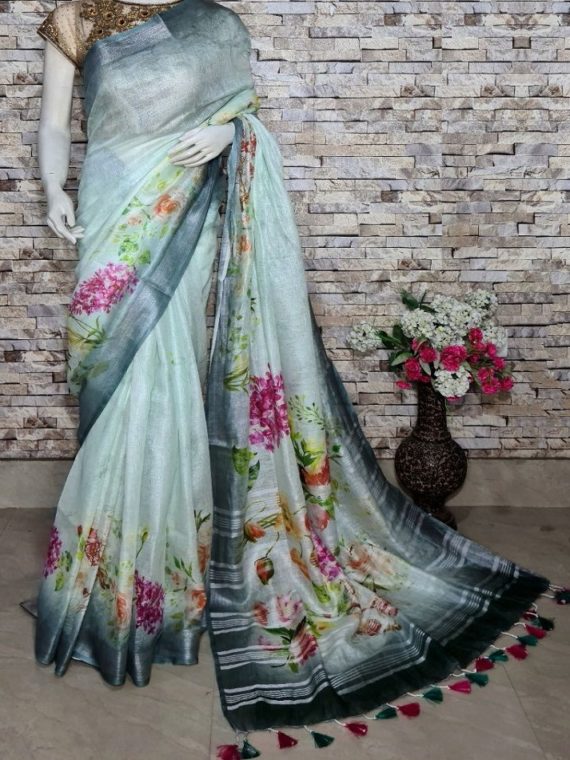 Ocean Blue Floral Design Digital Print Linen Saree