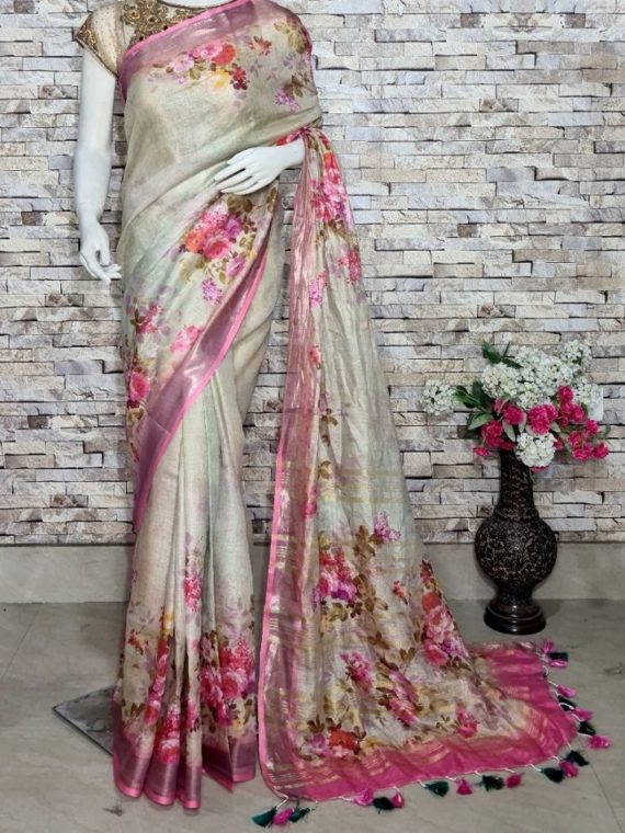 Offwhite Floral Design Digital Print Linen Saree With Pink Border